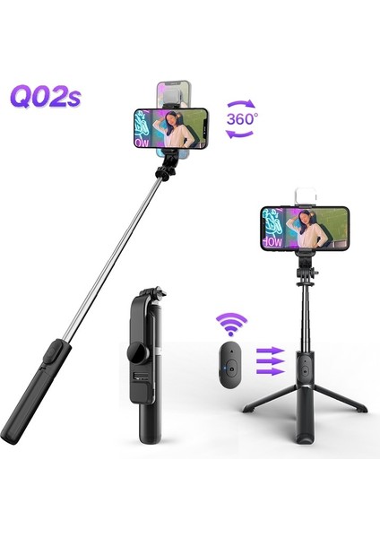 Q02 Beyaz Q02S 3'ü 1 Arada Esnek Dönen Selfie Çubuğu Tripod LED Dolgu Işığı Kablosuz Uzaktan Kumanda Selfie Çubuğu Mini Taşınabilir Selfie Çubuğu (Yurt Dışından) fiyatları