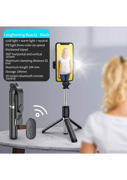 Q02S Siyah Kablosuz Bluetooth Selfie Çubuğu Bluetooth Katlanabilir Tripod Dolgu Işığı ile Uzatılabilir Ios Android Için Mini Deklanşör Uzaktan Kumanda (Yurt Dışından)