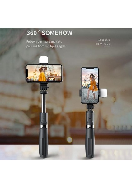 L02S Siyah Kaıqısj Bluetooth Selfie Çubuğu Uzatılabilir Monopod Cep Telefonu Güzellik Lambası Mini Tripod (Yurt Dışından)