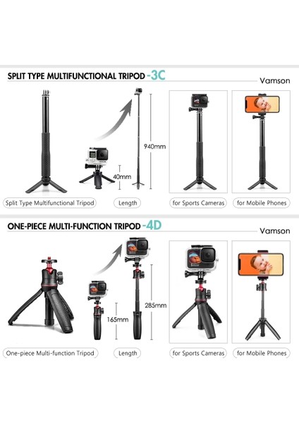 VP422 Vamson Gopro Aksesuarları Tripod Monopod Ayarlanabilir Selfie Sopa Gopro Hero Için 10 9 8 7 6 5 Xiaomi Yi Sjcam Telefon Için (Yurt Dışından)