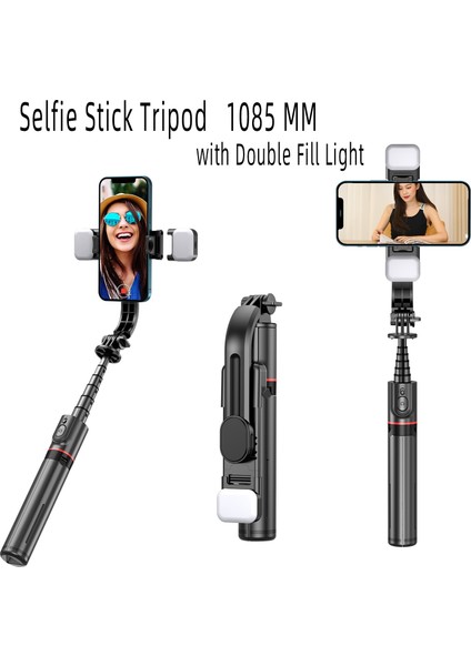 L12D-ÇIFT Doldurma Işığı 1085MM Kablosuz Selfie Çubuğu Tripod, Uzaktan Doldurma Işığı ile Alüminyum Alaşımlı Katlanabilir Taşınabilir Telefon Standı Tutucu, Akıllı Telefon Için (Yurt Dışından) fiyatları