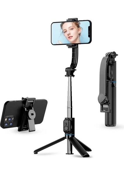 Siyah Yeni 3 In 1 Selfie Çubuğu Tripod Kablosuz Bluetooth Cep Telefonu Tutucu iPhone Samsung Huawei Telefon Çekimi Için El Video Vlog (Yurt Dışından)