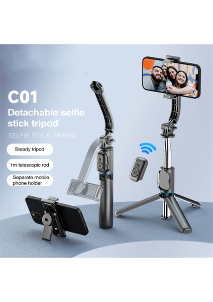 Siyah Yeni 3 In 1 Selfie Çubuğu Tripod Kablosuz Bluetooth Cep Telefonu Tutucu iPhone Samsung Huawei Telefon Çekimi Için El Video Vlog (Yurt Dışından)