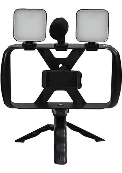 Çift Işıklar Selfie Çubuk Tripod 4 In 1 Fotoğraf Tripod Standı Seti Geri Çekilebilir Klip Tripod Mikrofon ile Standı Dolgu Işığı Kadın Seyahat Fotoğraf (Yurt Dışından)