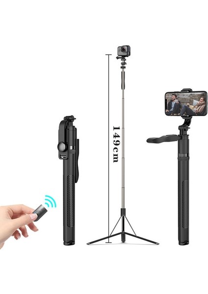 L05 Siyah 2021 Trend 360 Rotasyon Kablosuz Deklanşör Selfie Çubuğu L05 Uzun Tripodlu 1490 mm Uzunluk Uzatılabilir Selfie Tripod (Yurt Dışından)
