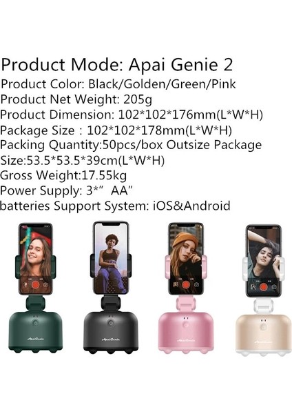 Pembe Apaı Genıe Iı Otomatik Yüz Nesne Takip Kamerası 360° Döndürme Akıllı Selfie Çubuğu Tripod Tutucu Akıllı Çekim Telefon Montajı (Yurt Dışından)