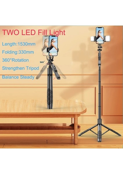 Iki LED Dolgu Işığı 1530MM Kablosuz Selfie Çubuğu Tripod Standı Katlanabilir Monopod Denge Gopro Aksiyon Kameraları Akıllı Telefonlar Için Sabit Çekim Canlı (Yurt Dışından)