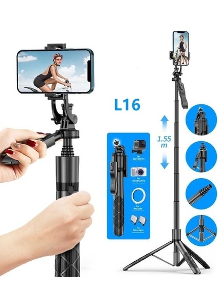 L16 Selfie Çubuğu Tripod 1.55 M Kablosuz Bluetooth Katlanabilir Selfie Deklanşör Uzaktan Tripod Sabit Kolu 360 Rotasyon Gimbal Telefon Standı (Yurt Dışından)