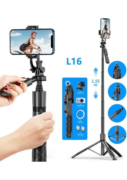 L16 Selfie Çubuğu Tripod 1.55 M Kablosuz Bluetooth Katlanabilir Selfie Deklanşör Uzaktan Tripod Sabit Kolu 360 Rotasyon Gimbal Telefon Standı (Yurt Dışından)
