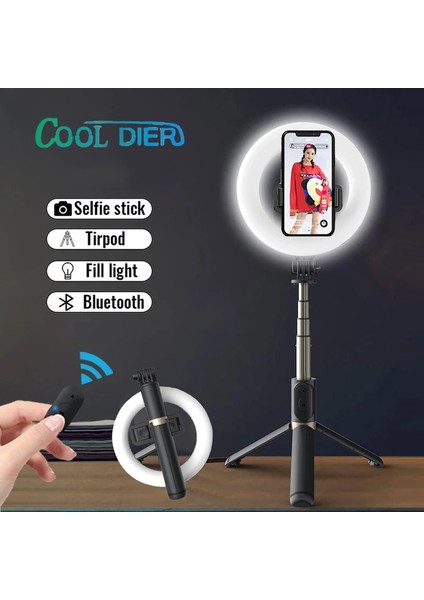 Cool Dıer Kablosuz Bluetooth Uyumlu Selfie Çubuğu Katlanabilir El Uzaktan Deklanşör Tripod LED Halkalı Fotoğraf Işığı (Yurt Dışından) fiyatları