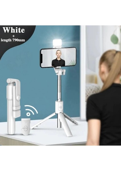 Beyaz 6 In 1 Kablosuz Bluetooth Özçekim Çubuğu Tripod Cep Telefonu Zamanlayıcı Güzellik Dolgu Işığı Kısa Video Canlı Masaüstü Tripod Uzatmak (Yurt Dışından)