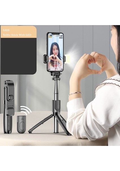 Siyah L02S Selfie Çubuğu Katlanabilir Tripod Monopod Selfie Çubuğu Bluetooth Kablosuz Düğme Deklanşör ile LED Işık Ios Android Için (Yurt Dışından)