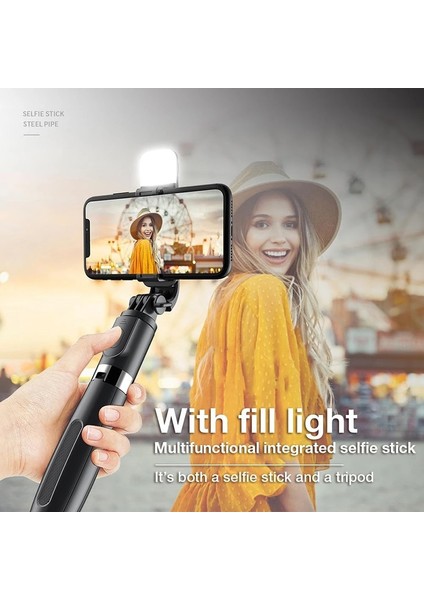 Siyah L02S Selfie Çubuğu Katlanabilir Tripod Monopod Selfie Çubuğu Bluetooth Kablosuz Düğme Deklanşör ile LED Işık Ios Android Için (Yurt Dışından) fiyatları
