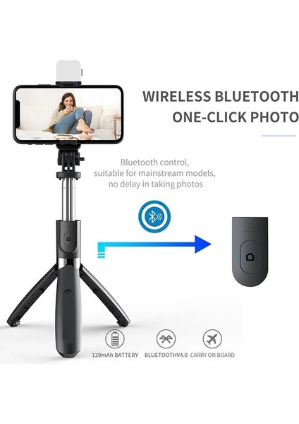 Siyah L02S Selfie Çubuğu Katlanabilir Tripod Monopod Selfie Çubuğu Bluetooth Kablosuz Düğme Deklanşör ile LED Işık Ios Android Için (Yurt Dışından) fırsatları