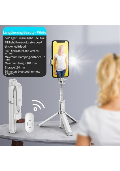 Q02S Beyaz Kablosuz Bluetooth Selfie Çubuğu Bluetooth Katlanabilir Tripod Doldurma Işığı ile Uzatılabilir Ios Android Için Mini Deklanşör Uzaktan Kumanda (Yurt Dışından)