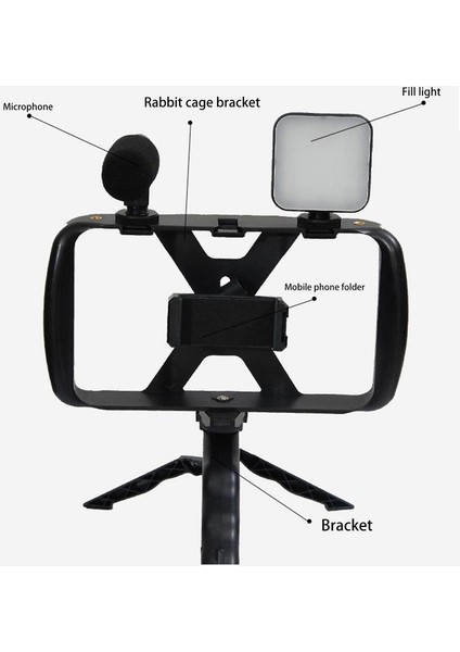Tek Işık 4 In 1 Fotoğraf Tripod Standı Seti Işık ve Mikrofon ile Selfie Çubuk Tripod Tavşan Kafesi Sabitleyici Cep Telefonu Tutucu Klip (Yurt Dışından)