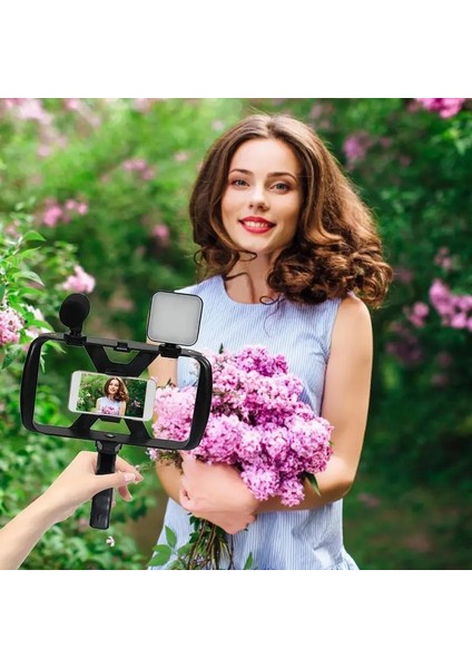 Tek Işık 4 In 1 Fotoğraf Tripod Standı Seti Işık ve Mikrofon ile Selfie Çubuk Tripod Tavşan Kafesi Sabitleyici Cep Telefonu Tutucu Klip (Yurt Dışından)