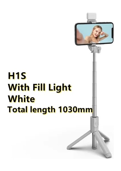 H1S-BEYAZ Kablosuz Selfie Çubuğu Bluetooth Katlanabilir Geri Çekilebilir Katlanır Monopod Ios Android Için LED Işık Uzaktan Kumanda Deklanşör Fotoğraf (Yurt Dışından)