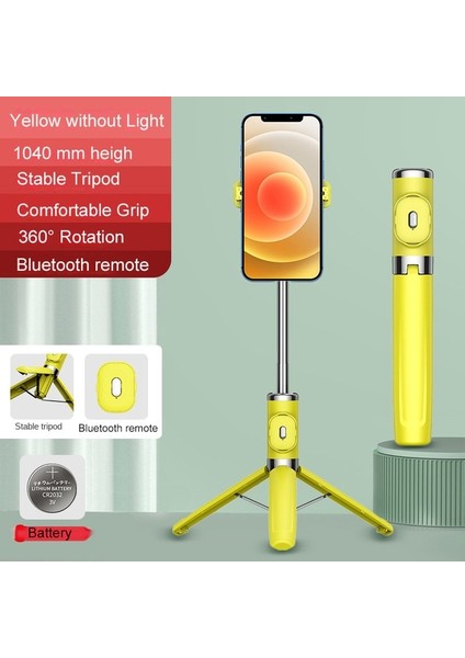 Sarı Işıksız Kablosuz Selfie Çubuğu Bluetooth Uzaktan Güçlendirilmiş Tripod Tutucu iPhone Huawei Xiaomi Akıllı Telefon Için Dolgu Işığı ile Selfie Canlı (Yurt Dışından)