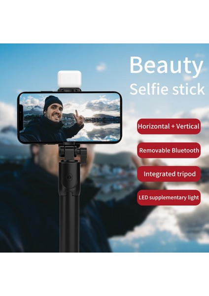 Siyah R1 Taşınabilir Cep Telefonu Selfie Çubuğu Tripod Bluetooth Uyumlu Deklanşör Monopod, Dolgu Işığı ile Katlanabilir Cep Telefonu Tutucu (Yurt Dışından)