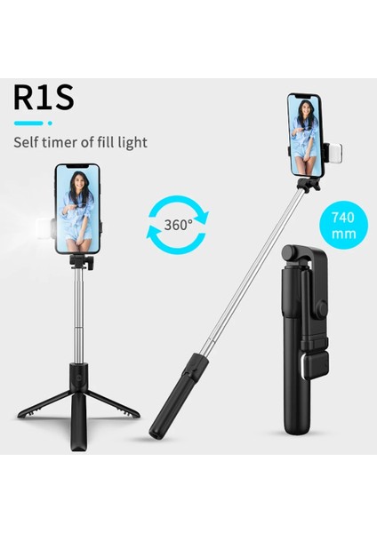 Siyah R1 Taşınabilir Cep Telefonu Selfie Çubuğu Tripod Bluetooth Uyumlu Deklanşör Monopod, Dolgu Işığı ile Katlanabilir Cep Telefonu Tutucu (Yurt Dışından)