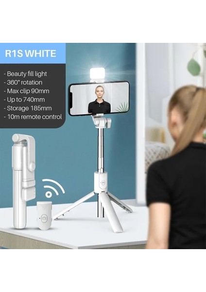 R1S Beyaz Yeni Bluetooth Selfie Sopa Cep Telefonu Tutucu Geri Çekilebilir Taşınabilir Çok Fonksiyonlu Mini Tripod Kablosuz Uzaktan Deklanşör (Yurt Dışından)