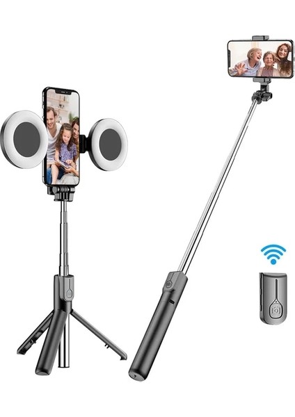Siyah Çift Işıklar 4in1 Kablosuz Bluetooth Özçekim Çubuğu Tripod LED Halka Işık ile Özçekim Uzatılabilir Monopod Standı iPhone Androis Xiaomi Gt (Yurt Dışından)