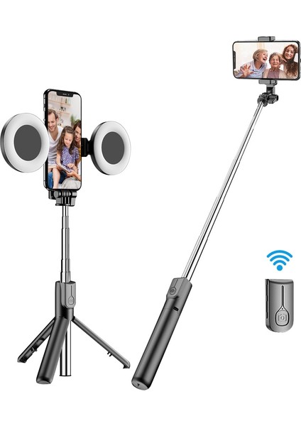 Siyah Çift Işıklar 4in1 Kablosuz Bluetooth Özçekim Çubuğu Tripod LED Halka Işık ile Özçekim Uzatılabilir Monopod Standı iPhone Androis Xiaomi Gt (Yurt Dışından)