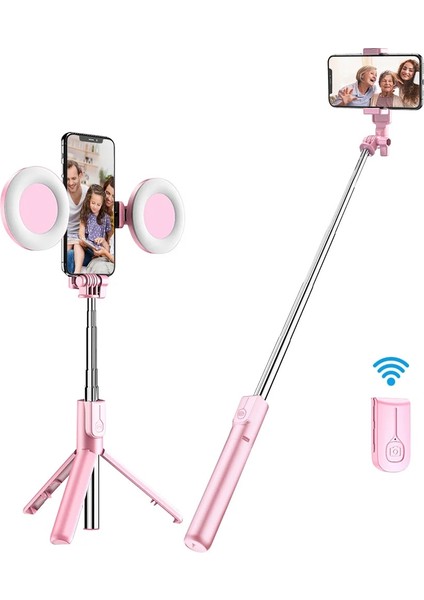 Siyah Çift Işıklar 4in1 Kablosuz Bluetooth Özçekim Çubuğu Tripod LED Halka Işık ile Özçekim Uzatılabilir Monopod Standı iPhone Androis Xiaomi Gt (Yurt Dışından)