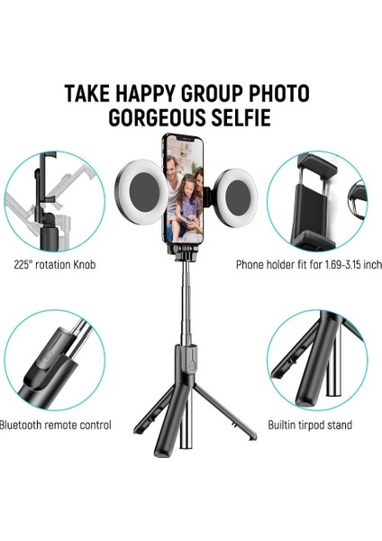 Siyah Çift Işıklar 4in1 Kablosuz Bluetooth Özçekim Çubuğu Tripod LED Halka Işık ile Özçekim Uzatılabilir Monopod Standı iPhone Androis Xiaomi Gt (Yurt Dışından)