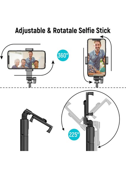 Siyah Çift Işıklar 4in1 Kablosuz Bluetooth Özçekim Çubuğu Tripod LED Halka Işık ile Özçekim Uzatılabilir Monopod Standı iPhone Androis Xiaomi Gt (Yurt Dışından)