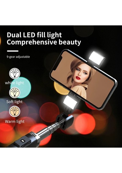 P04 Siyah Bluetooth Selfie Çubuğu Tripod Telefon Braketi Takviyeli Tetrapod Bluetooth Selfie Braketi Çift Dolgu Işığı Xiaomi Huawei Ios Için (Yurt Dışından)