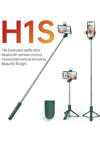 H1S Yeşil Bluetooth Selfie Sopa Cep Telefonu Tutucu Geri Çekilebilir Taşınabilir Çok Fonksiyonlu Mini Tripod Kablosuz Uzaktan Deklanşör (Yurt Dışından)