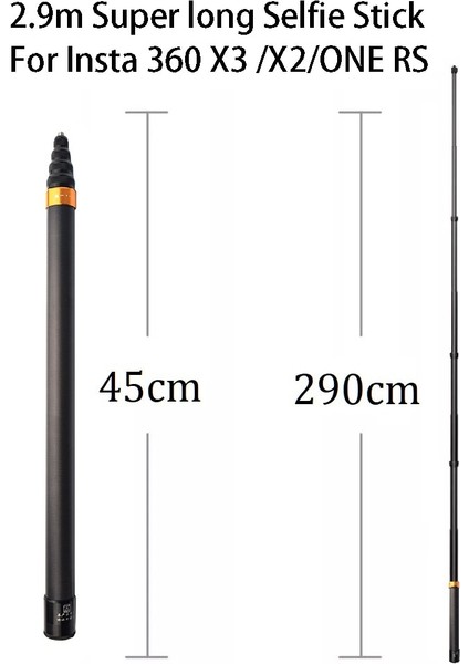 Simli 290 cm Karbon Fiber Görünmez Genişletilmiş Sürüm Selfie Çubuğu INSTA360 X3 / One X3 /one Rs Aksesuarları Gopro Selfie Çubuğu (Yurt Dışından)