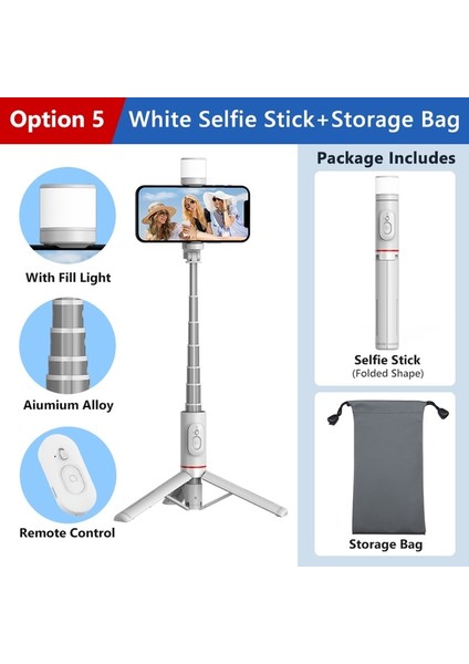 Beyaz Çanta Ekle Taşınabilir Selfie Çubuğu Tripod Dolgu Işığı ile Uzatılabilir Monopod iPhone 14 Pro Xiaomi Huawei P50 Samsung Vlog Canlı Kayıt (Yurt Dışından)