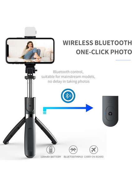 Siyah Bluetooth Kablosuz Selfie Çubuğu Tripod Katlanabilir Uzatılabilir Evrensel Monopod Akıllı Telefonlar Için Kamera Zamanlayıcı Dolgu Işığı ile (Yurt Dışından)
