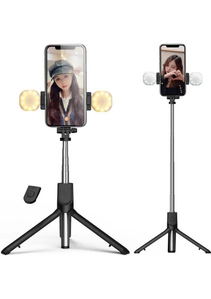 Çift Işık Siyah Çok Fonksiyonlu Bluetooth Uyumlu Selfie Çubuğu Dolgu Işığı Halkası Katlanabilir Tripod Iphone Xiaomi Samsung Fotoğraf Canlı Video (Yurt Dışından) fırsatları