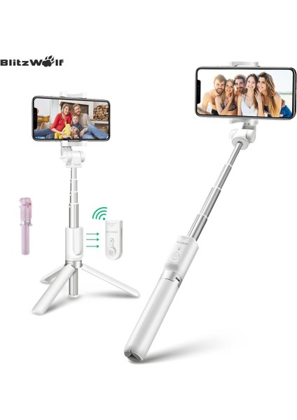 Beyaz Blitzwolf Bw-Bs3 Kablosuz Tripod Selfie Çubuğu Taşınabilir Bluetooth Uyumlu Selfie Çubuğu Tripod ile iPhone 11 x Huawei Için (Yurt Dışından) fiyatları