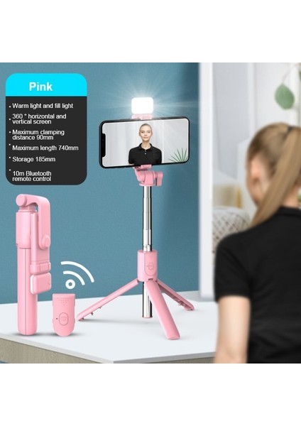 Pembe Cep Telefonu Selfie Çubuğu Güzellik Dolgu Işığı Tripod iphone 8 11 12 Pro Bluetooth Selfie Çubuğu Xiaomi Huawei Telefon Standı (Yurt Dışından)