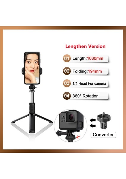 Dönüştürücü ile 103CM Fgclsy Q02 Yeni Bluetooth Selfie Çubuğu Mini Tripod Kablosuz Uzaktan Deklanşör Fotoğraf 360 Derece Dönen Selfie Katlanabilir Geri Çekilebilir (Yurt Dışından)