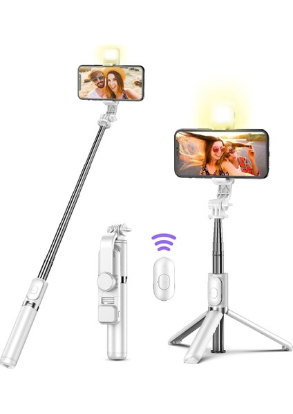 Q02S LED Beyaz Kablosuz Bluetooth Selfie Çubuğu Katlanabilir Taşınabilir Tripod, Android iPhone Akıllı Telefon Için Dolgu Işığı Deklanşör Uzaktan Kumanda ile (Yurt Dışından) fiyatları
