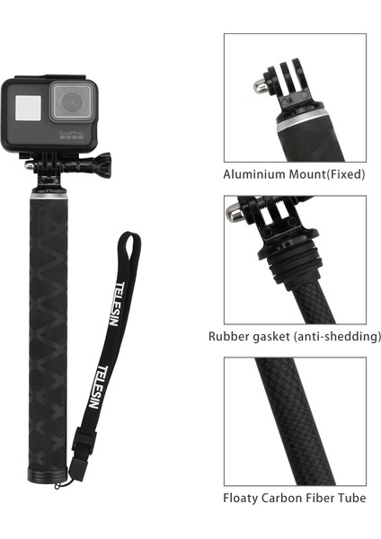 Telefon Klipsi ile Telesın 0.9 M Karbon Fiber Selfie Çubuğu Uzatılabilir Alüminyum Alaşımlı Tripod Gopro Hero 11 10 9 8 7 6 5 4 Djı Osmo Eylem Kamera (Yurt Dışından)