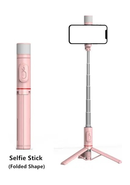 Pembe Yenı Akıllı Telefon Tutucu Selfie Çubuğu Tripod Katlanabilir Tripod Dolgu Işığı ile Kablosuz Bluetooth iPhone 14 13 Android Telefon Klip (Yurt Dışından)