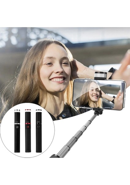 Siyah Gümüş Çok Fonksiyonlu Kablosuz Bluetooth Selfie Çubuğu Güzellik Dolgu Işığı Katlanabilir El Monopod Deklanşör Tripod iPhone 8 Samsung S9 (Yurt Dışından) modelleri