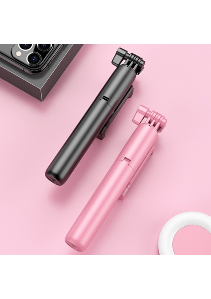Pembe Kablosuz Bluetooth Selfie Çubuğu LED Halka Işıklı 360° Katlanabilir El Tripod Ios Samsung Android Canlı Akış Monopod (Yurt Dışından)