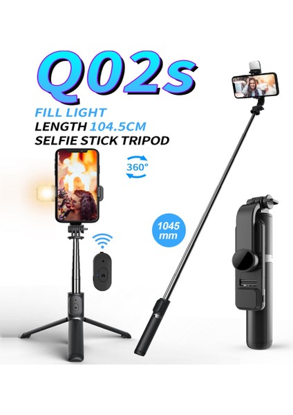 Q02S LED Işık Siyah Kablosuz Bluetooth Selfie Çubuğu Tripod, Uzaktan Uzatılabilir Tripod ile iPhone Android Akıllı Telefon Için LED Işık Çıkarılabilir (Yurt Dışından) fiyatları