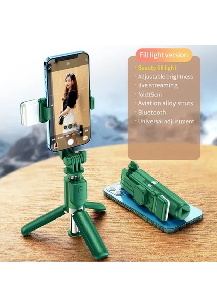 Yeşil Işıklı Canlı Yayın Braketi Kablosuz Bluetooth Mini Tripod Genişletilebilir Monopod Yatay ve Dikey Çekim Tripod Monopod Tripod (Yurt Dışından)