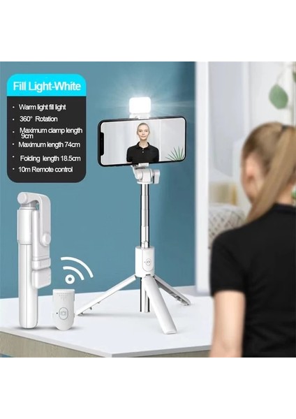 R1S Beyaz Selfie Çubuğu Tripod Kablosuz Bluetooth Uzaktan Kumanda Teleskopik Katlanabilir Dolgu Işığıyla Uzatılabilir 360° Döndürülebilir Telefon Tutucu (Yurt Dışından)