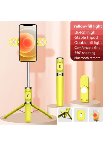 Sarı 2 Dolgu Işığı 1020MM Telefon Selfie Çubuğu, Dolgu Işığı ile El Sabitleyici Zemin Tripod Bluetooth Uzaktan Çekim Iphone 14 Huawei Xiaomi Için (Yurt Dışından)