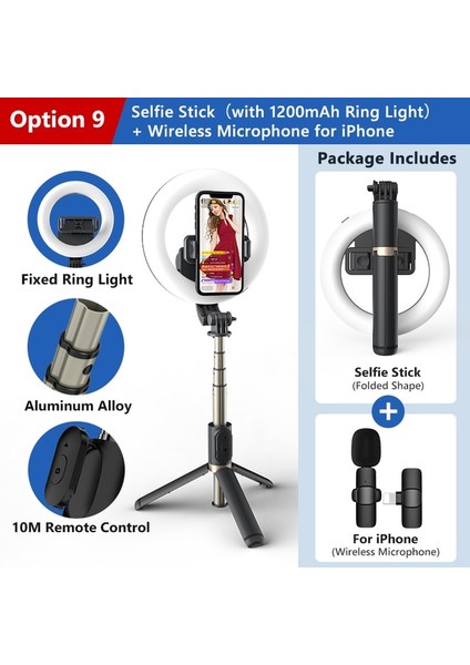 Seçenek 9 Selfie Çubuğu Monopod Tripod, Kablosuz Bluetooth Uzaktan Halka Dolgu Işığı ile Mobil Huawei Xiaomi IPhone Cep Telefonu Akıllı Telefon (Yurt Dışından)